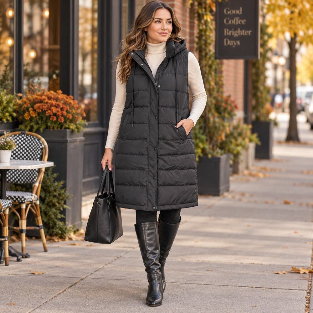 Women's XL Black Longline Hooded Puffer Vest Quilted Sleeveless Winter Coat